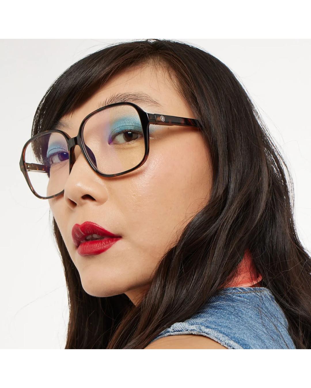 eyeglasses with a tortoise frame