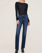 dark blue denim pants wth a straight leg