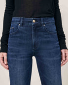 dark blue denim pants wth a straight leg