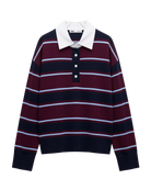 burgundy, navy and blue rugby stripe long sleeve with white collar