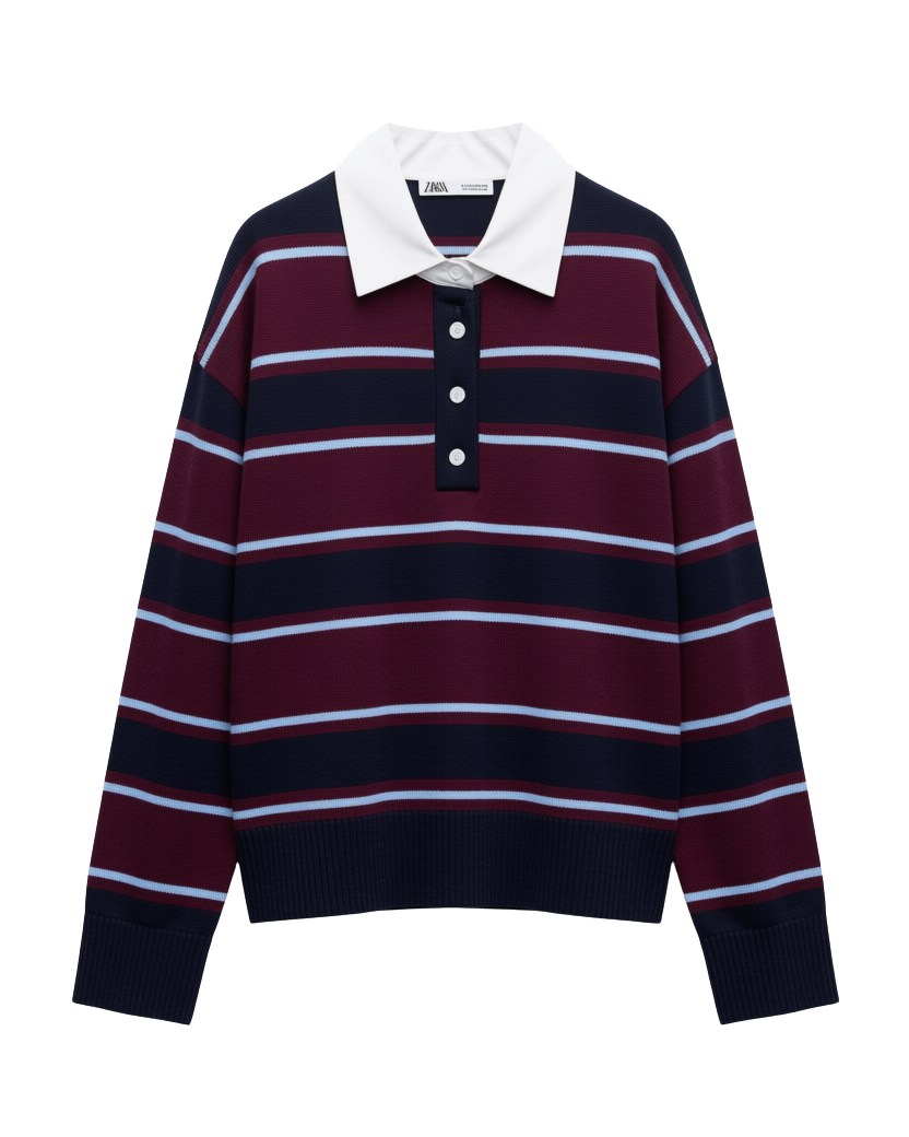 burgundy, navy and blue rugby stripe long sleeve with white collar