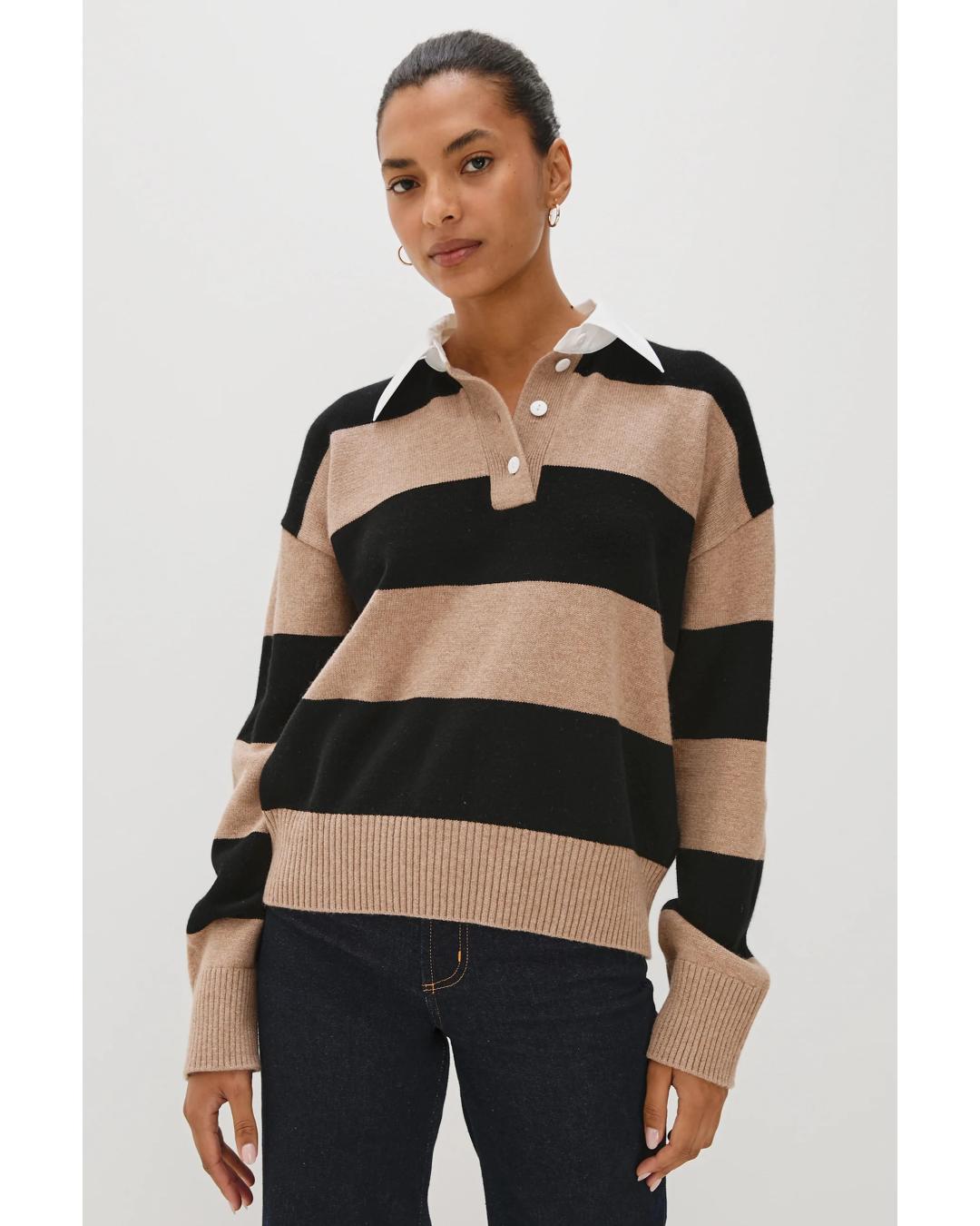 striped rugby sweater in beige and black