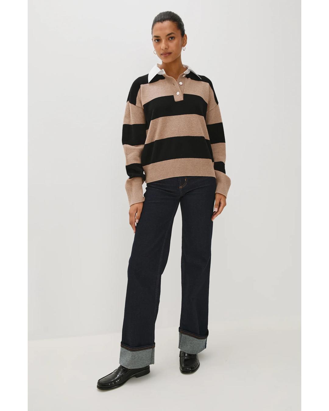 striped rugby sweater in beige and black