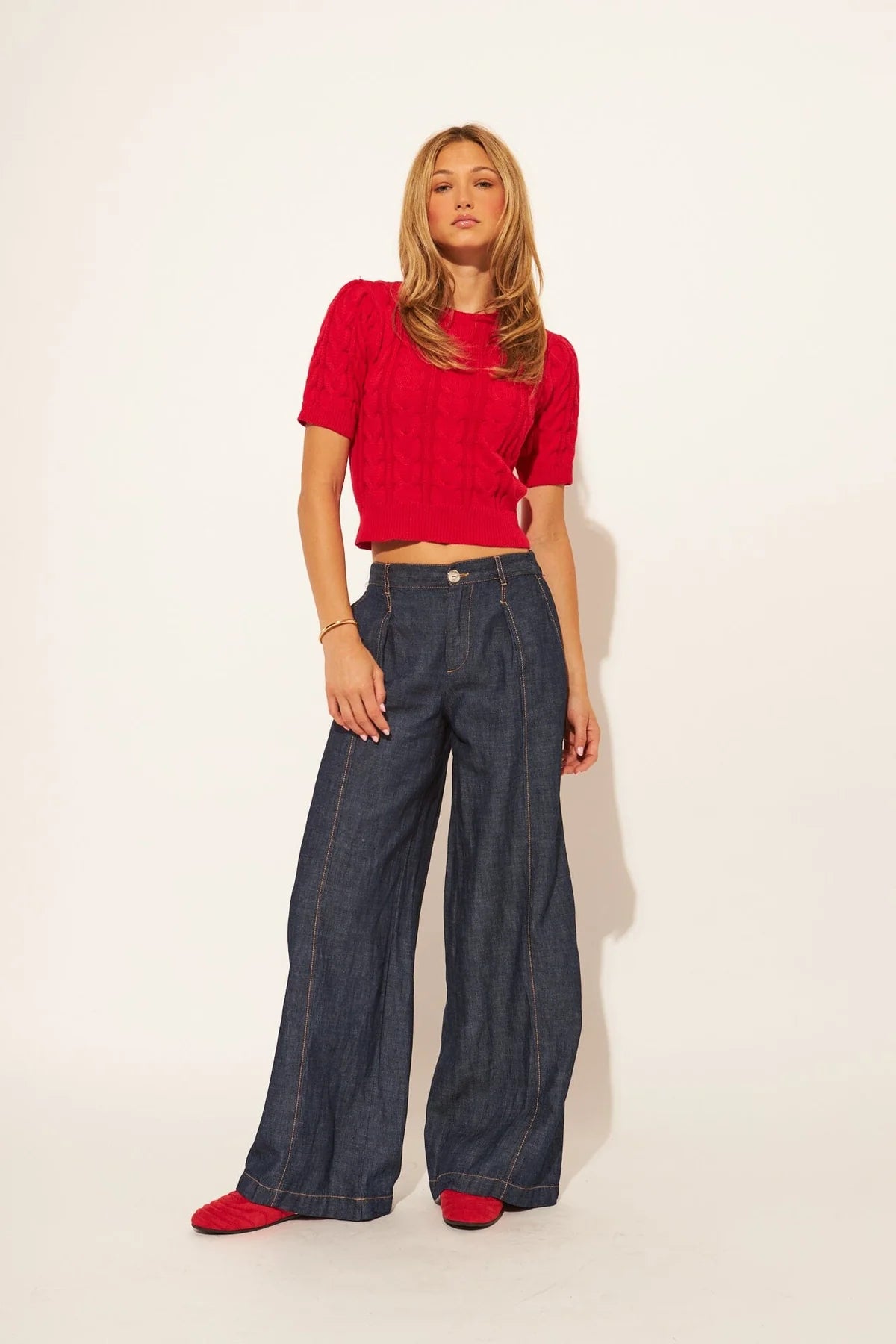 short sleeve red cable knit sweater