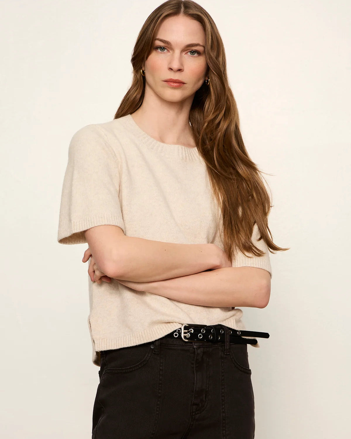 short sleeve knit sweater top in beige