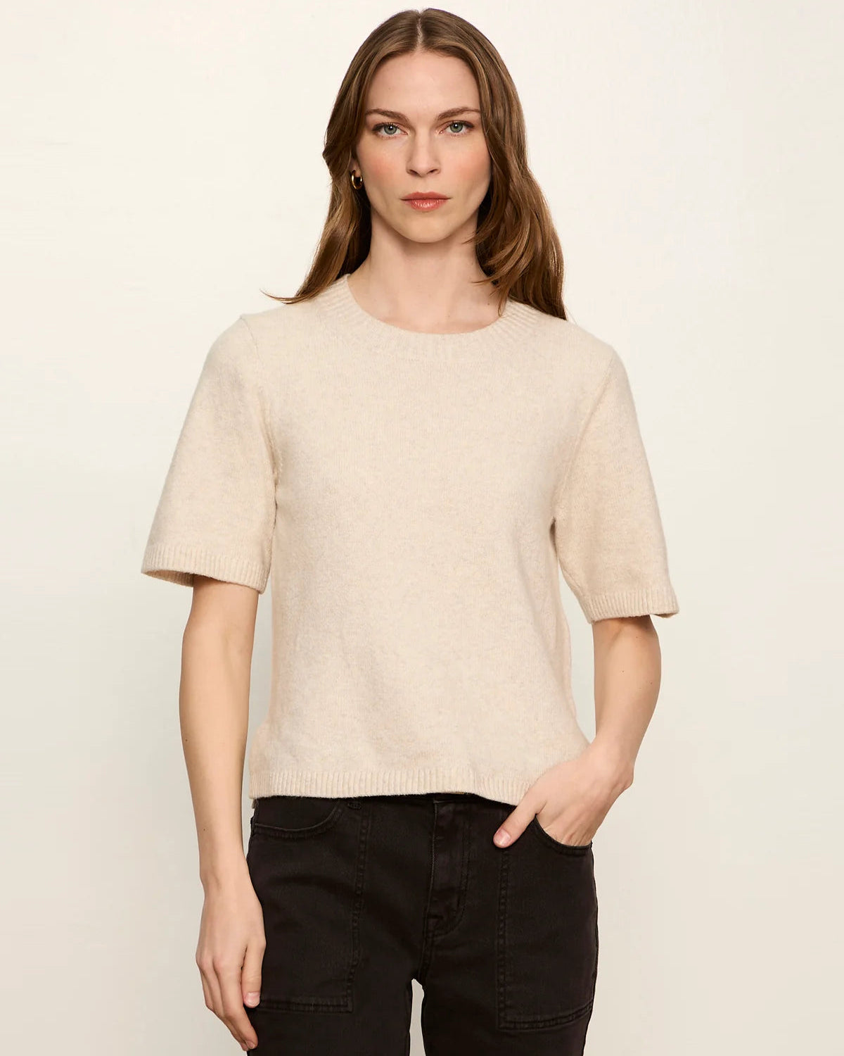 short sleeve knit sweater top in beige