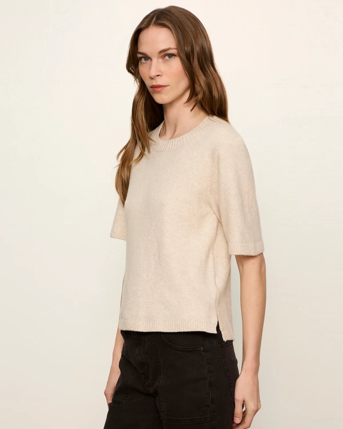 short sleeve knit sweater top in beige