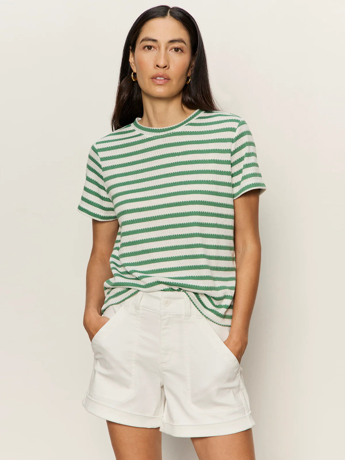 short sleeve striped shirt in cream and green
