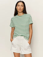 short sleeve striped shirt in cream and green
