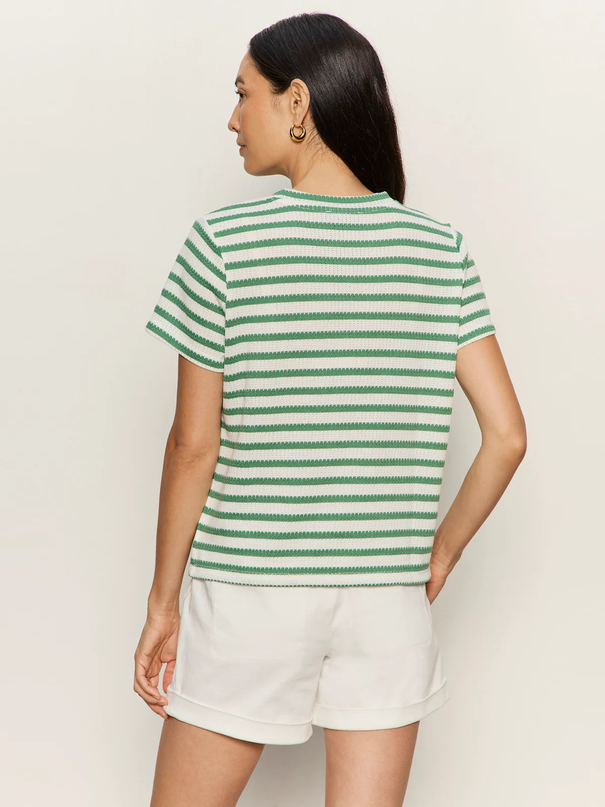 short sleeve striped shirt in cream and green