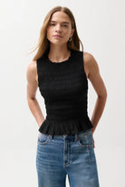 black ruched tank top with peplum bottom