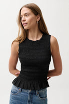 black ruched tank top with peplum bottom