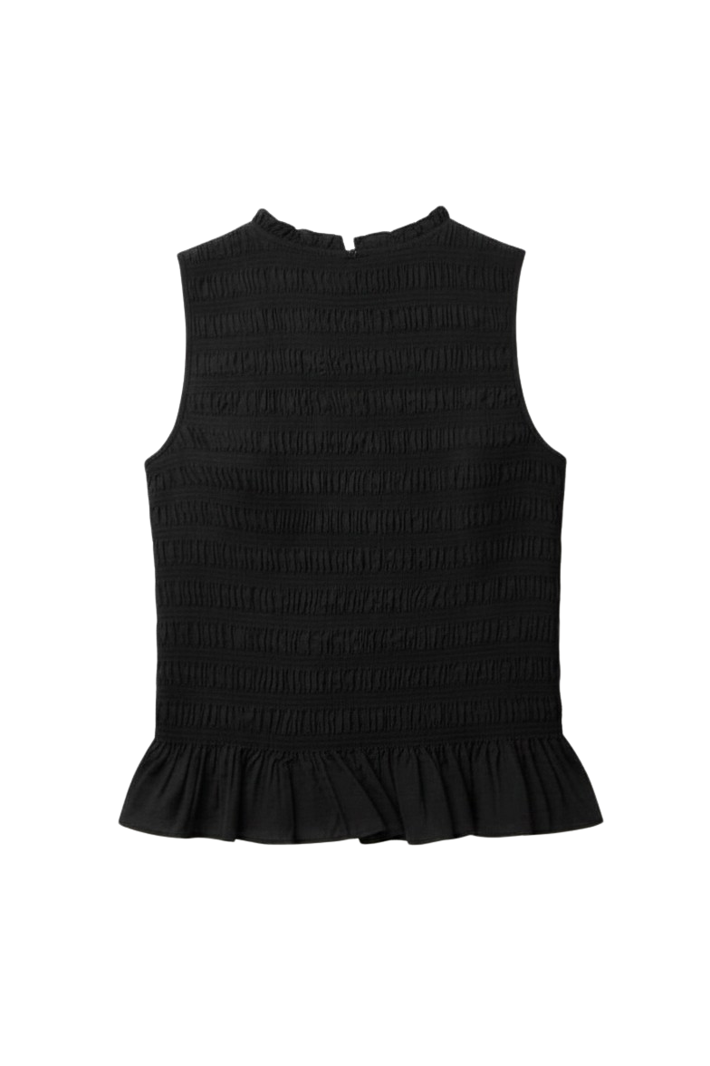 black ruched tank top with peplum bottom