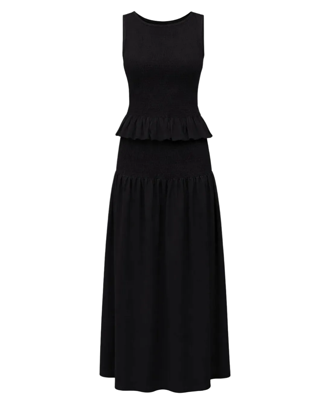 black ruched tank top and skirt in black