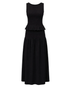 black ruched tank top and skirt in black