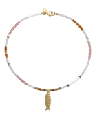 colorful beaded necklace with a gold fish pendant
