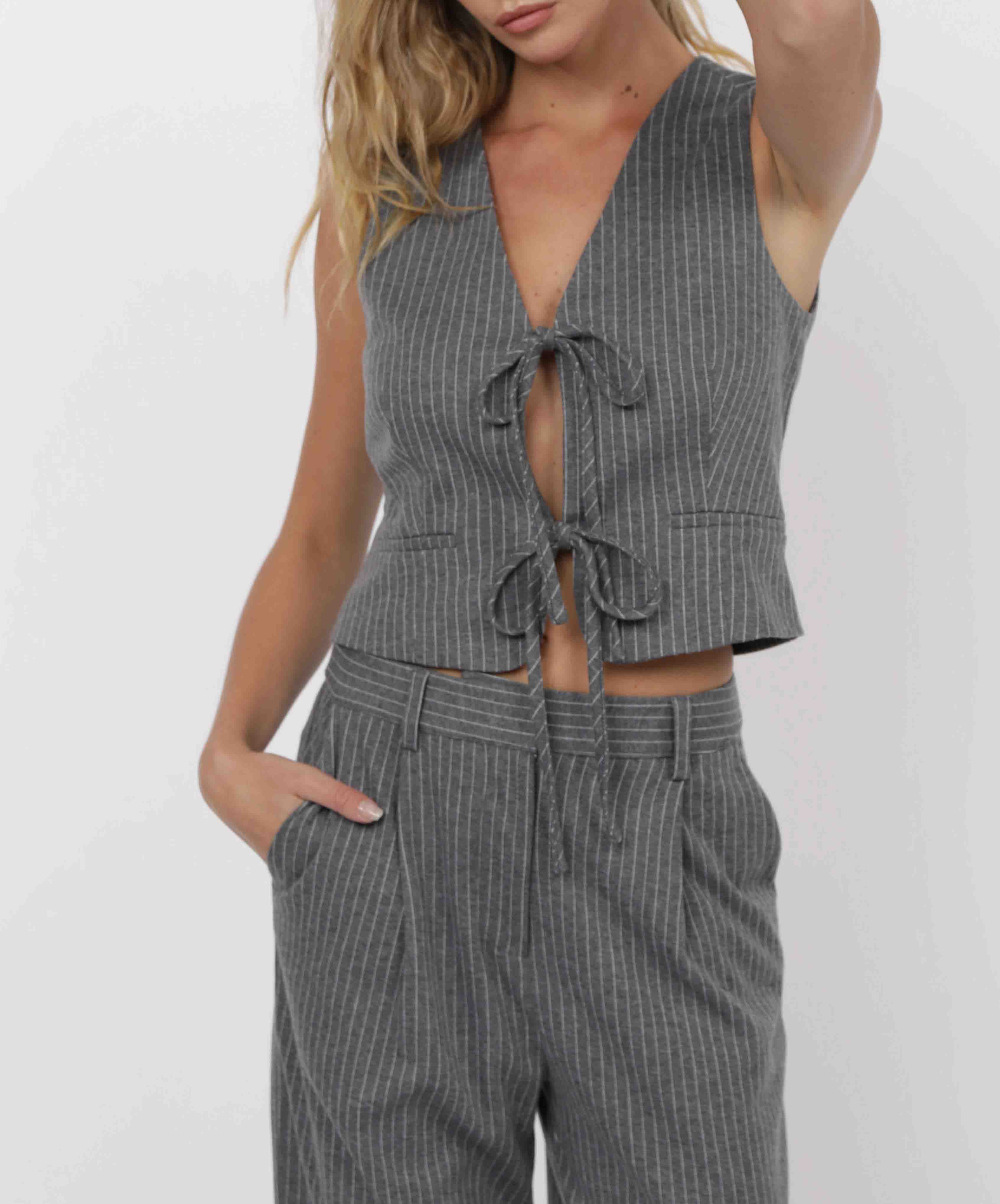 grey pinstripe front tie vest