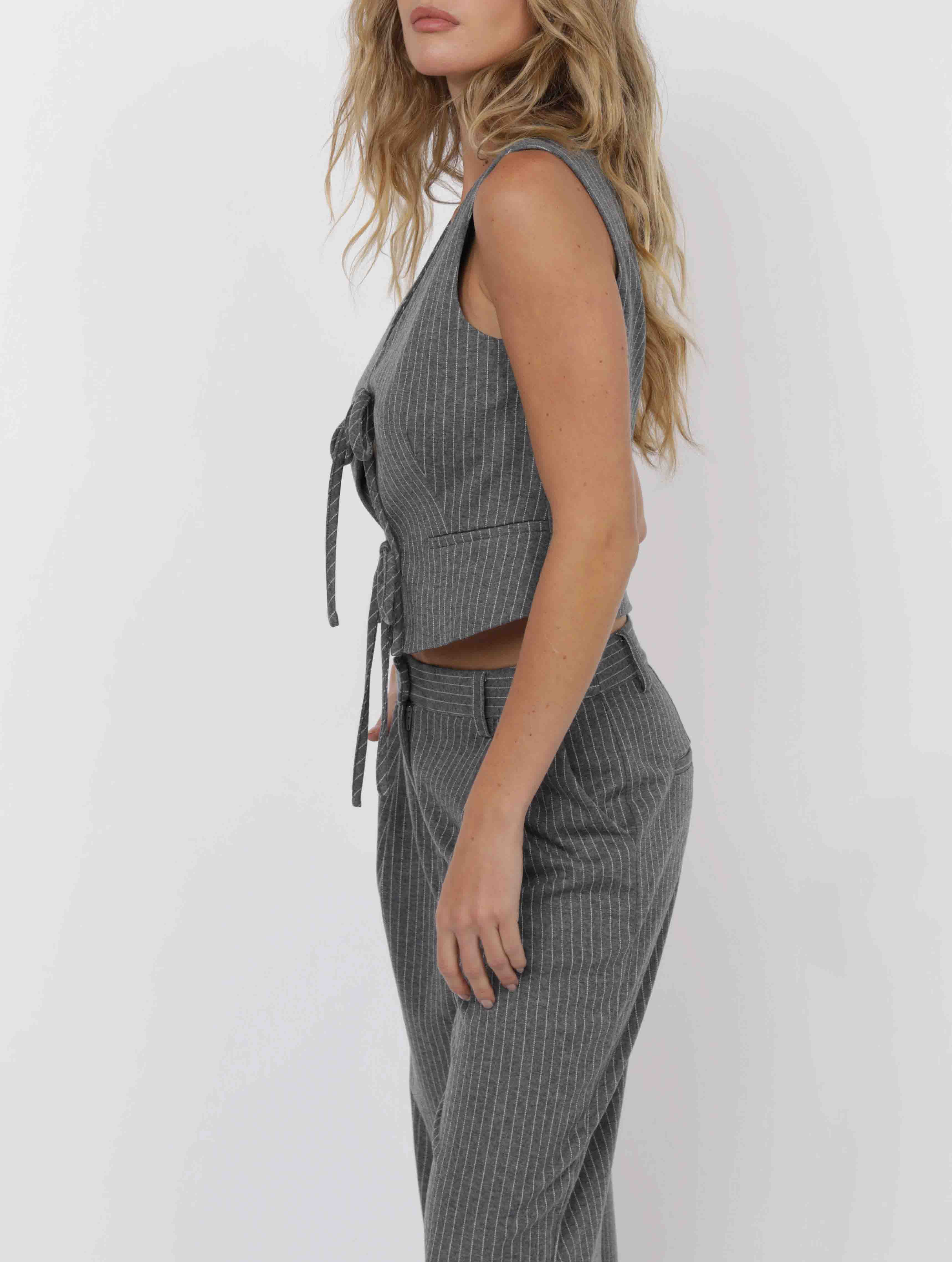 grey pinstripe front tie vest