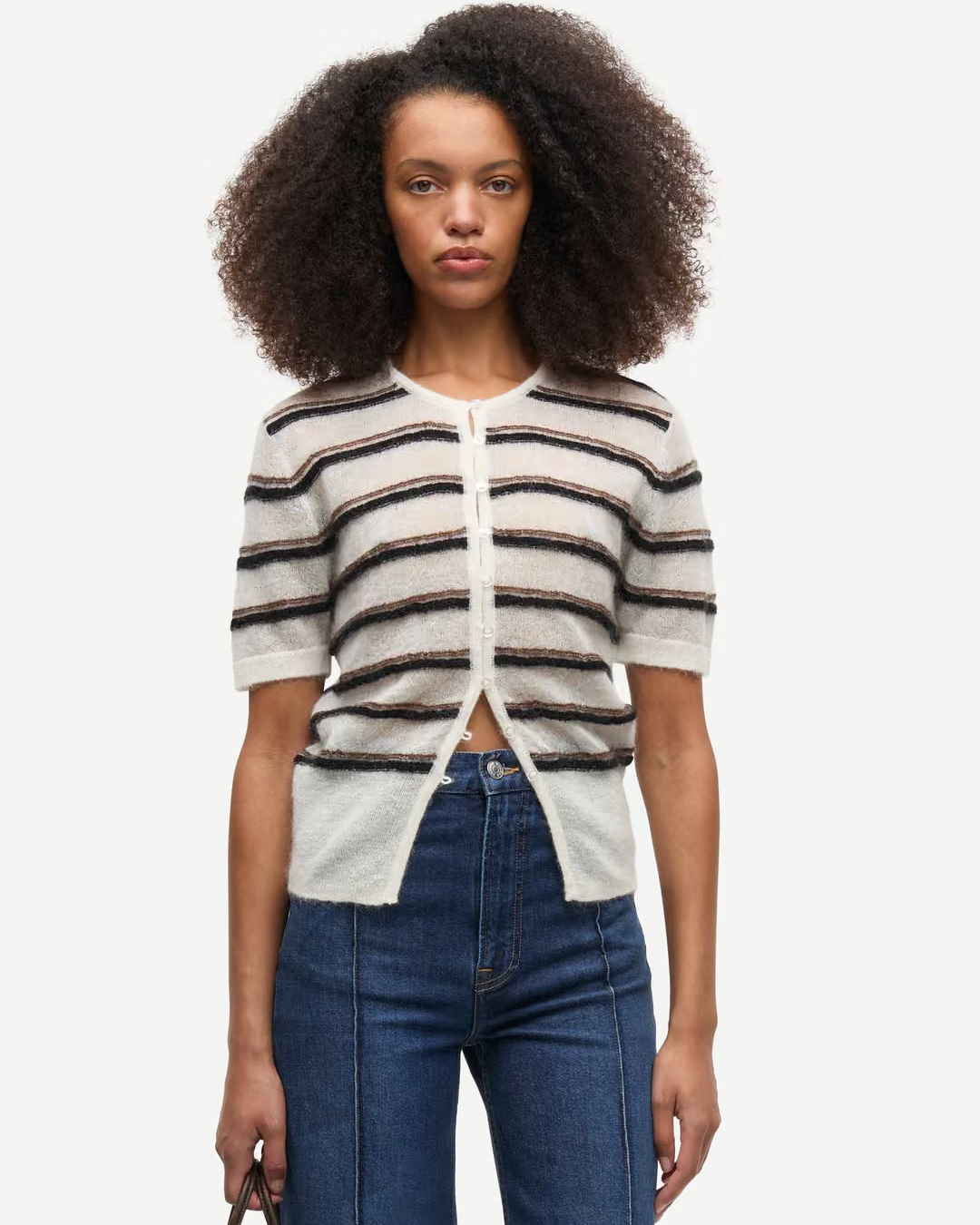 short sleeve cardigan in white with black and brown stripes