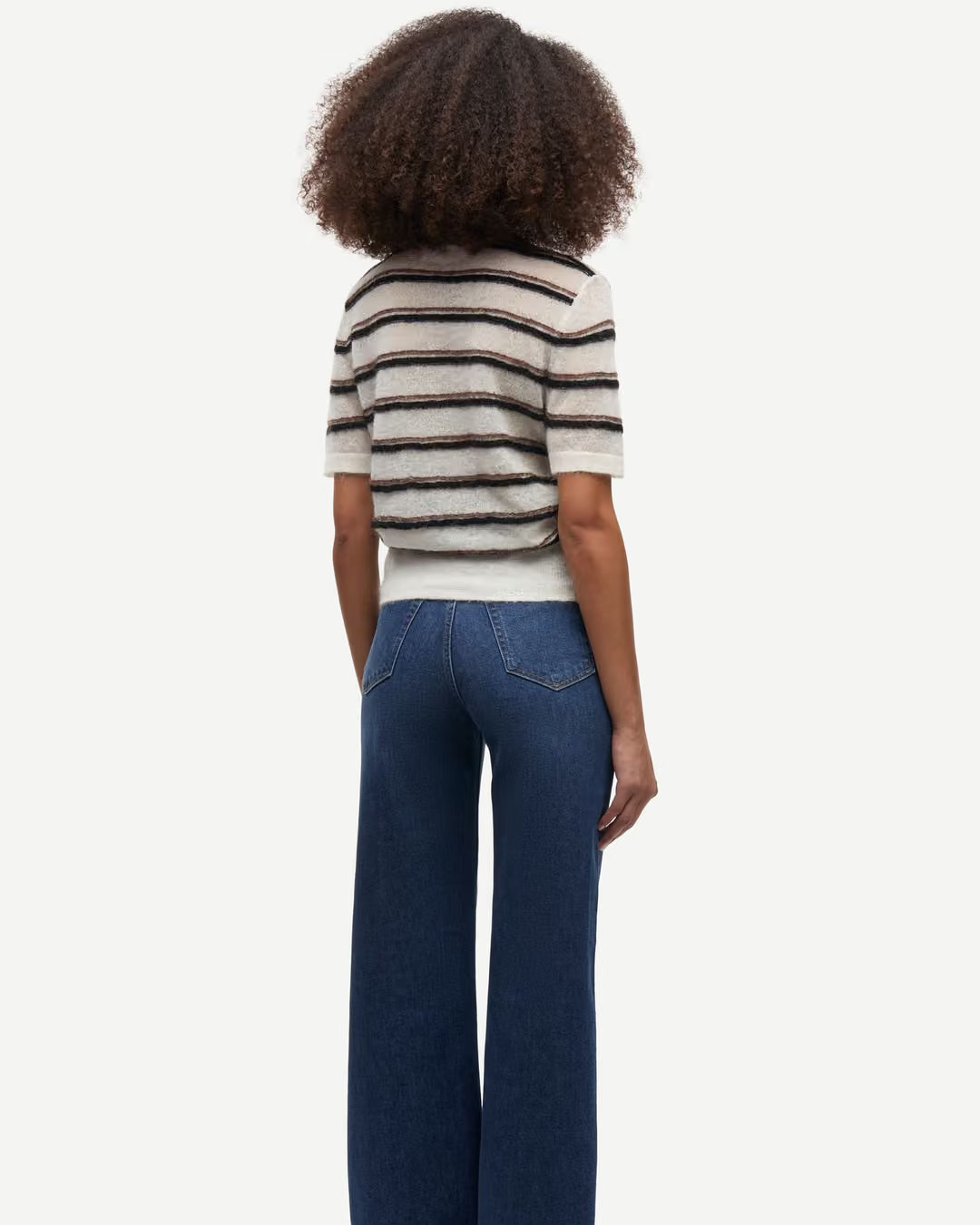 short sleeve cardigan in white with black and brown stripes