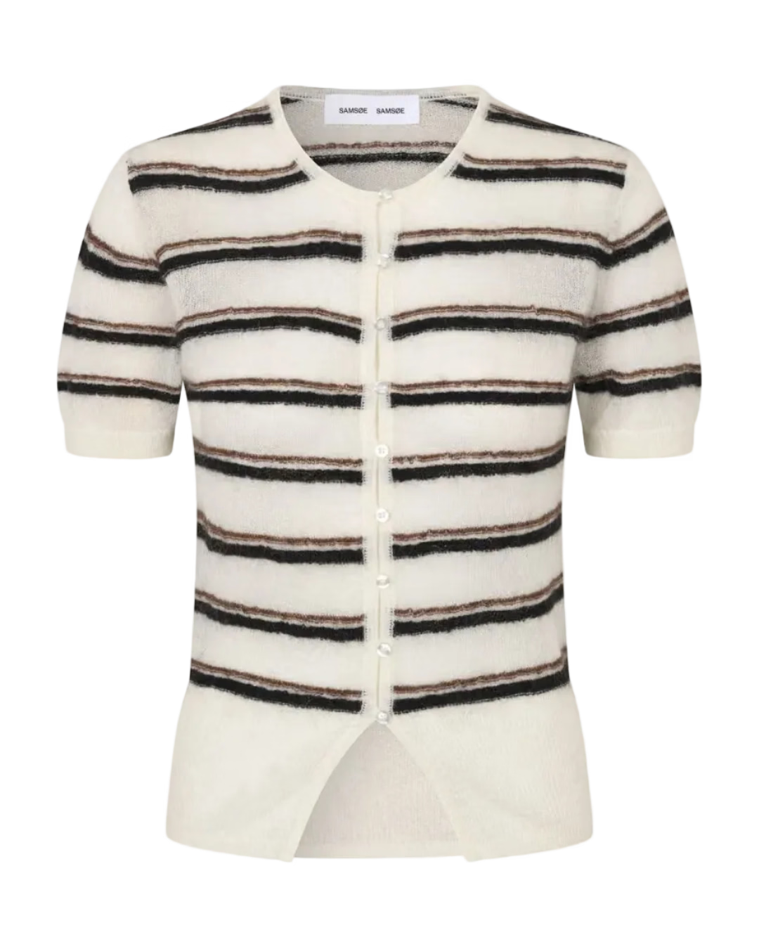 short sleeve cardigan in white with black and brown stripes