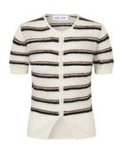 short sleeve cardigan in white with black and brown stripes