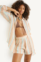 striped blouse in beige, brown and blue
