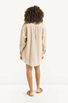 striped blouse in beige, brown and blue