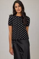short sleeve black sweater with cream polka dots