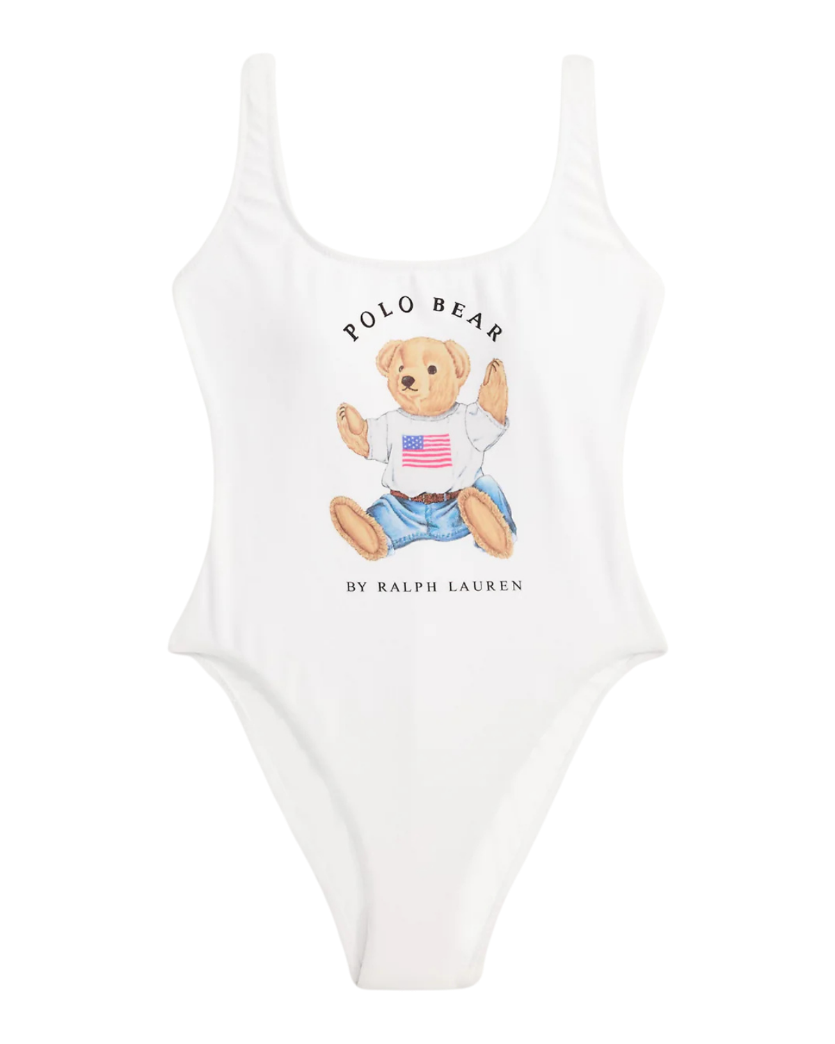 one piece swimsuit in white with polo bear on the front