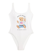 one piece swimsuit in white with polo bear on the front