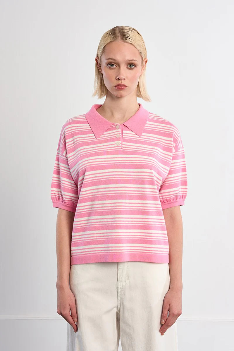 pink stripe polo shirt