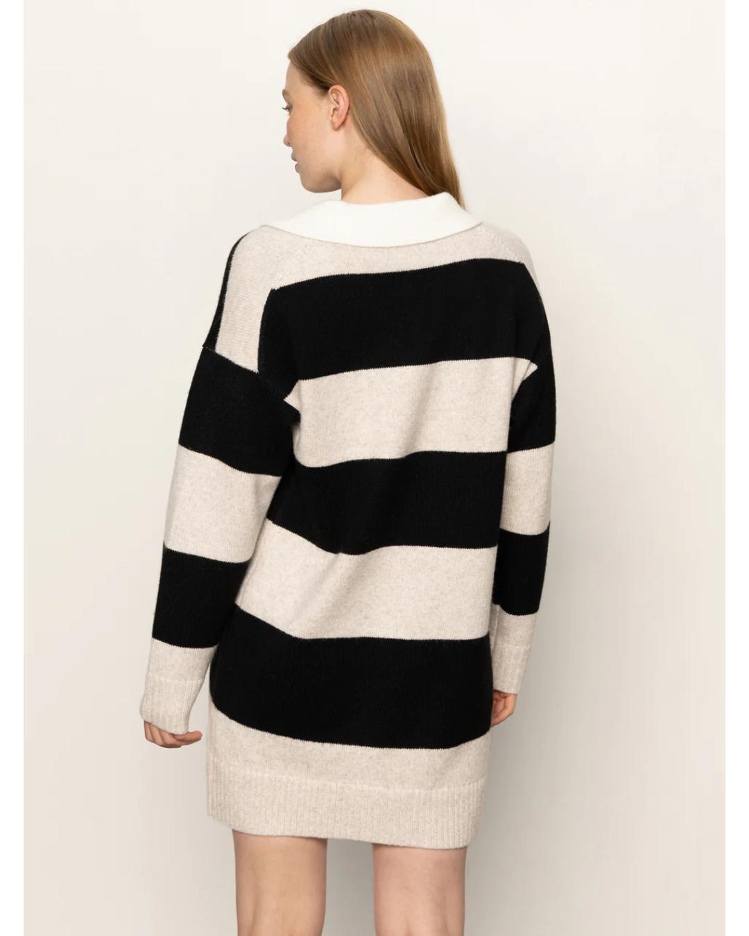 striped polo sweater dress with black and beige stripes