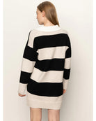 striped polo sweater dress with black and beige stripes