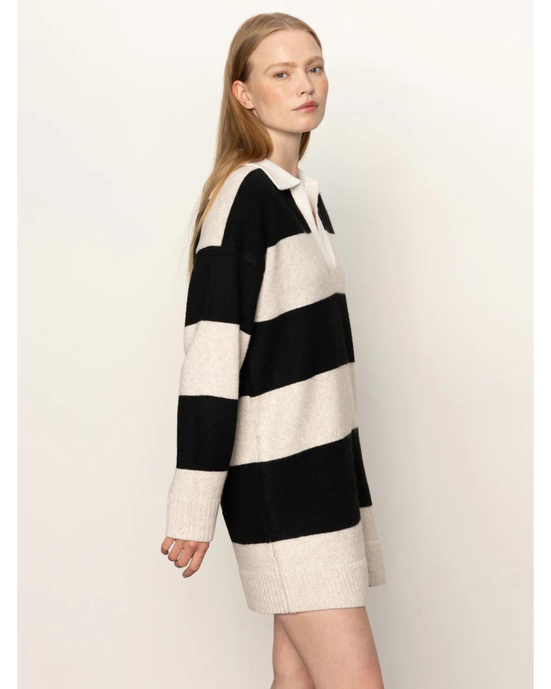 striped polo sweater dress with black and beige stripes