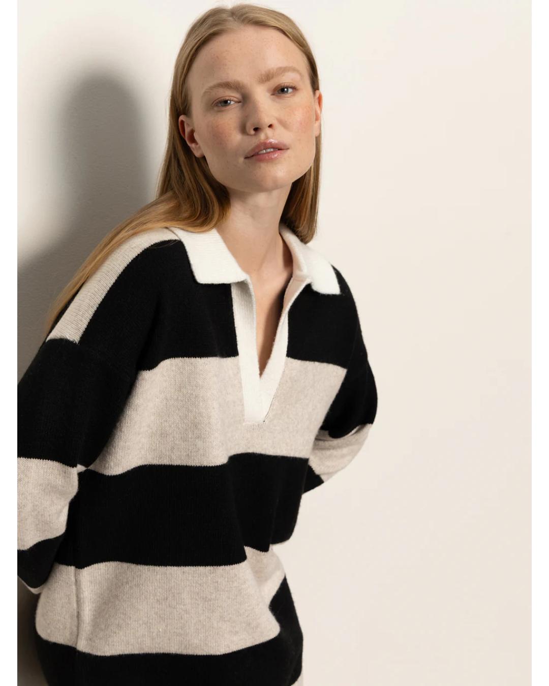 striped polo sweater dress with black and beige stripes