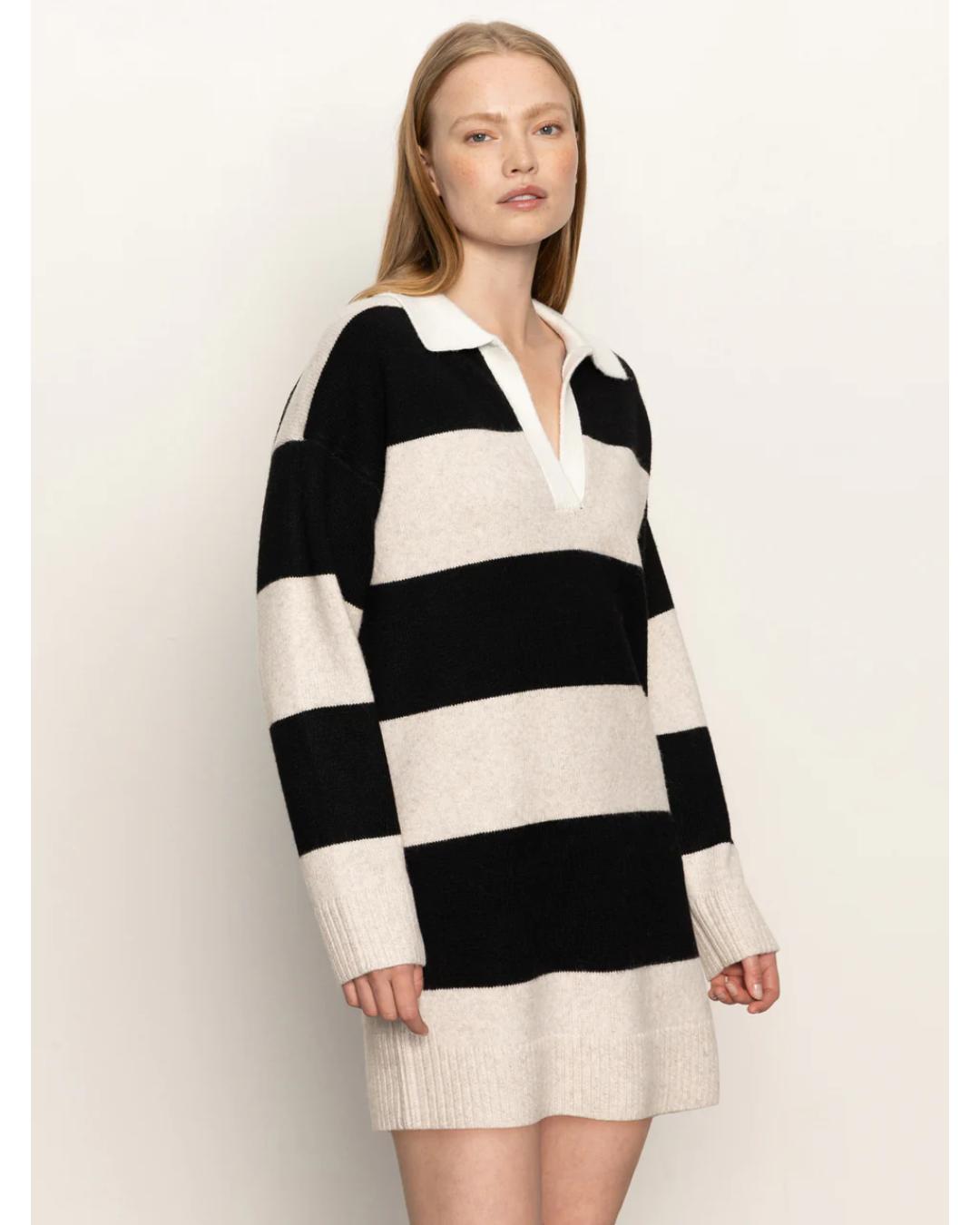 striped polo sweater dress with black and beige stripes