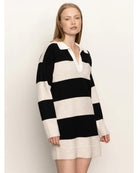 striped polo sweater dress with black and beige stripes