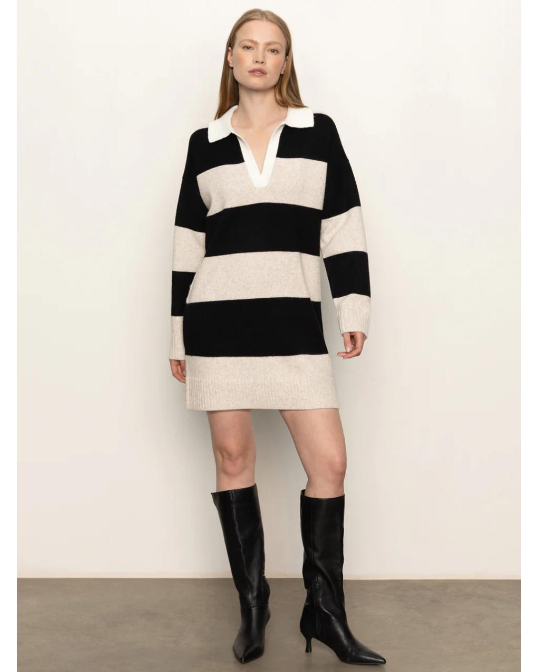 striped polo sweater dress with black and beige stripes