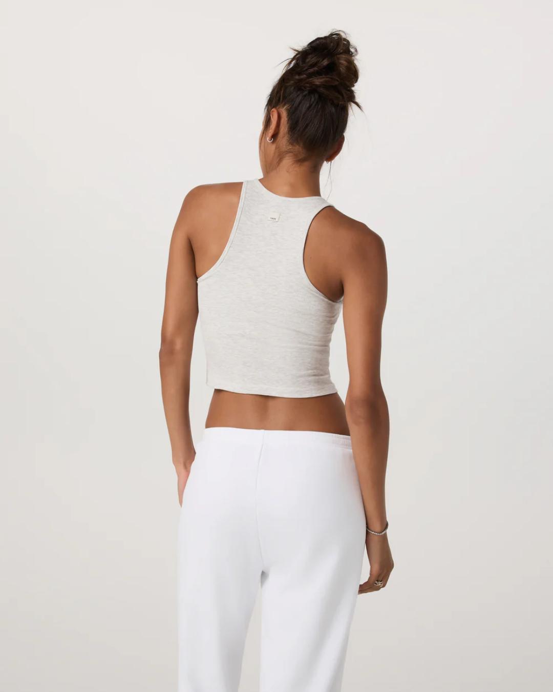 back view of a racerback tank in white heather