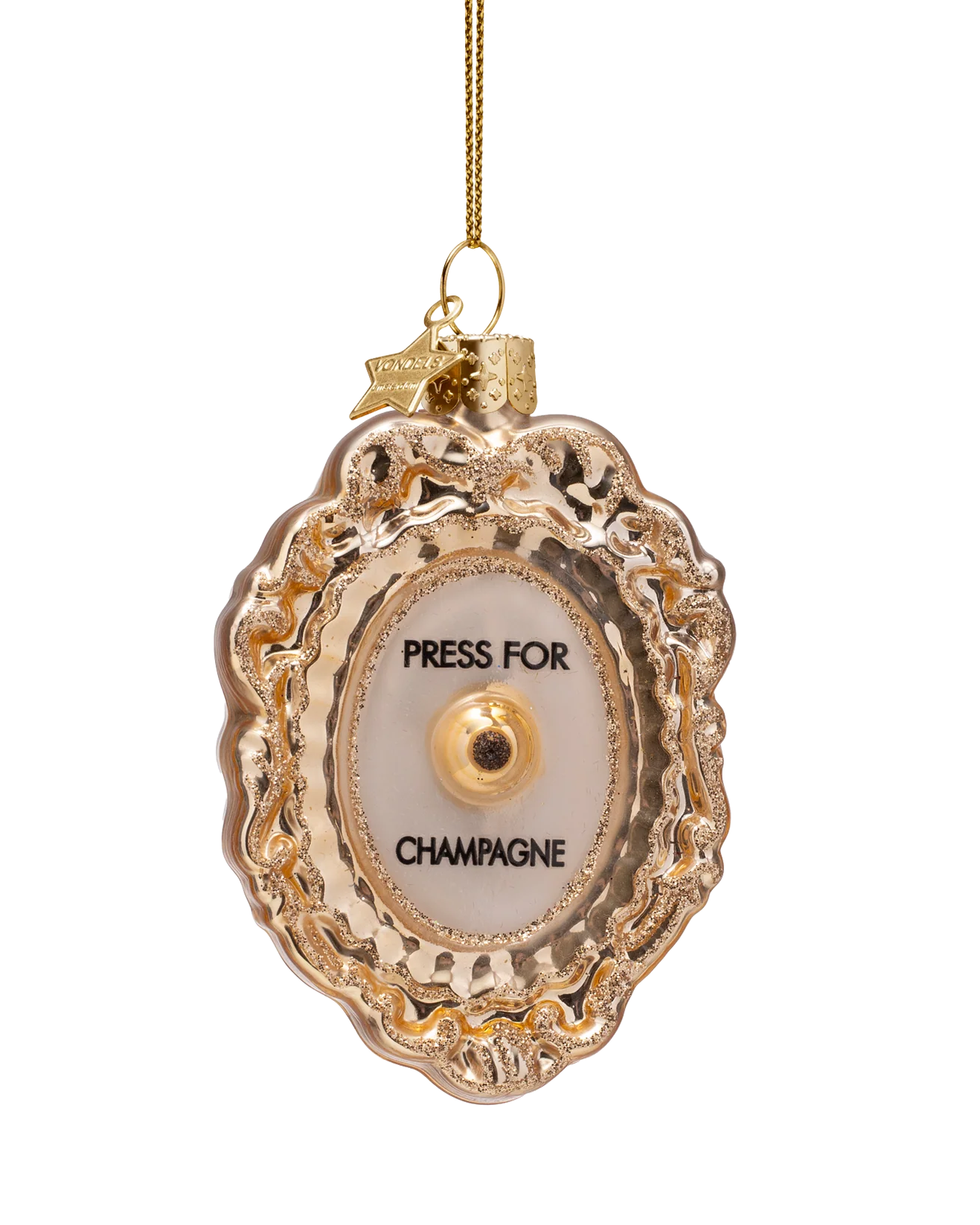 gold ornament with text press for champagne