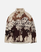 a patterned jacket with horse design in brown and beige