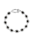 silver oval charm bracelet with black stone in the middle