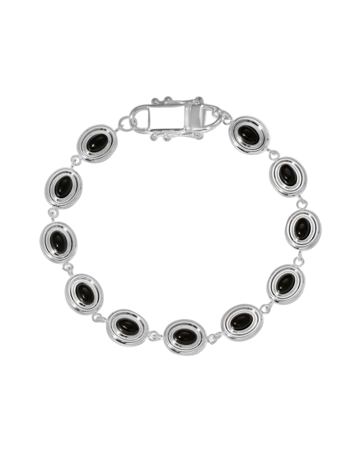 silver oval charm bracelet with black stone in the middle