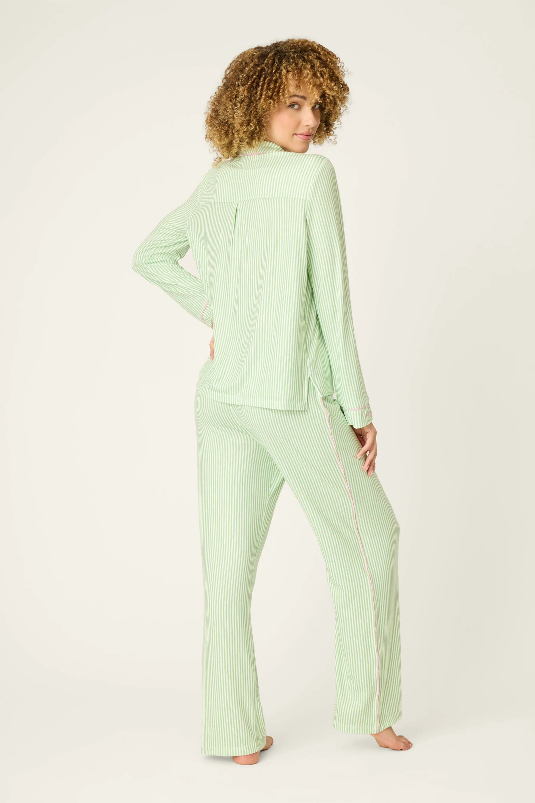 long sleep and pant pj set in green stripe with pink details