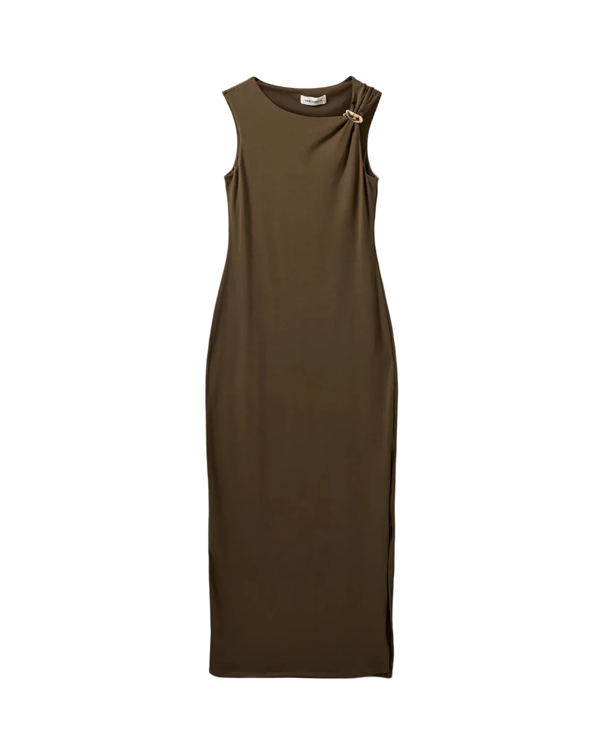 maxi brown dress with gold detail 