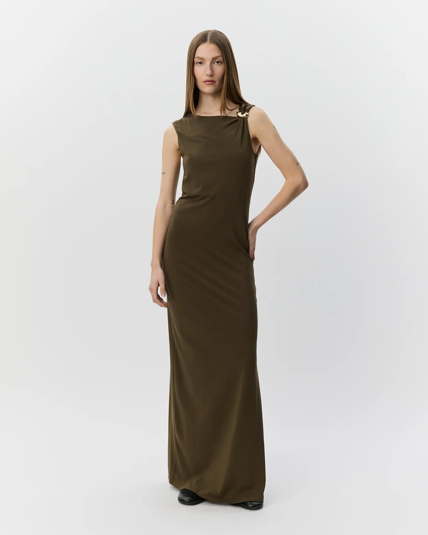 maxi brown dress with gold detail 