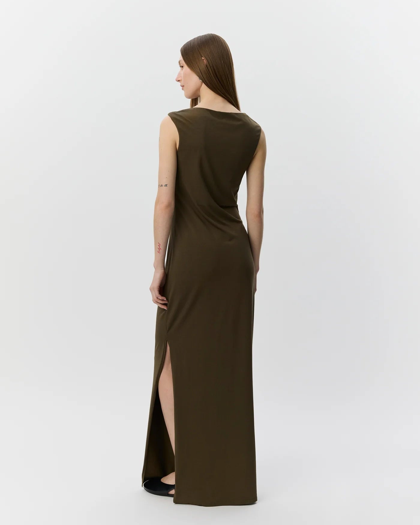 maxi brown dress with gold detail 