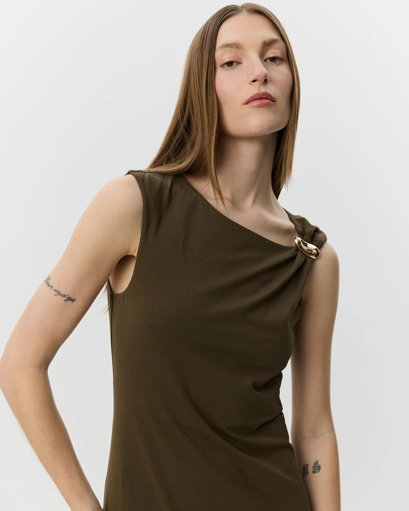 maxi brown dress with gold detail 