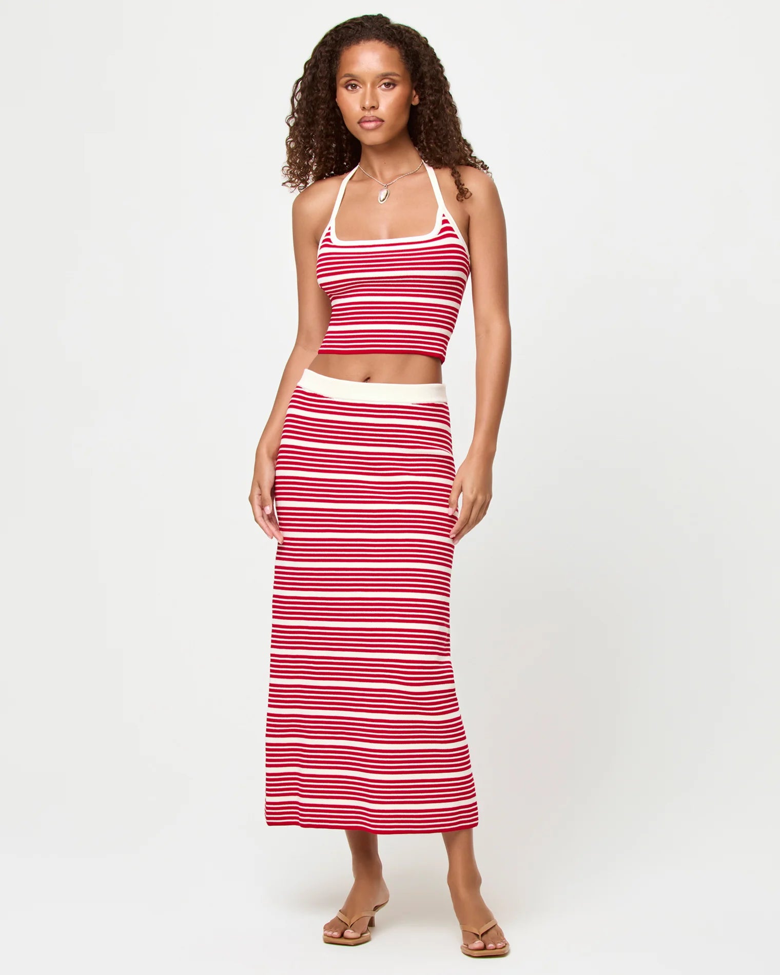 red and white stripe midi skirt